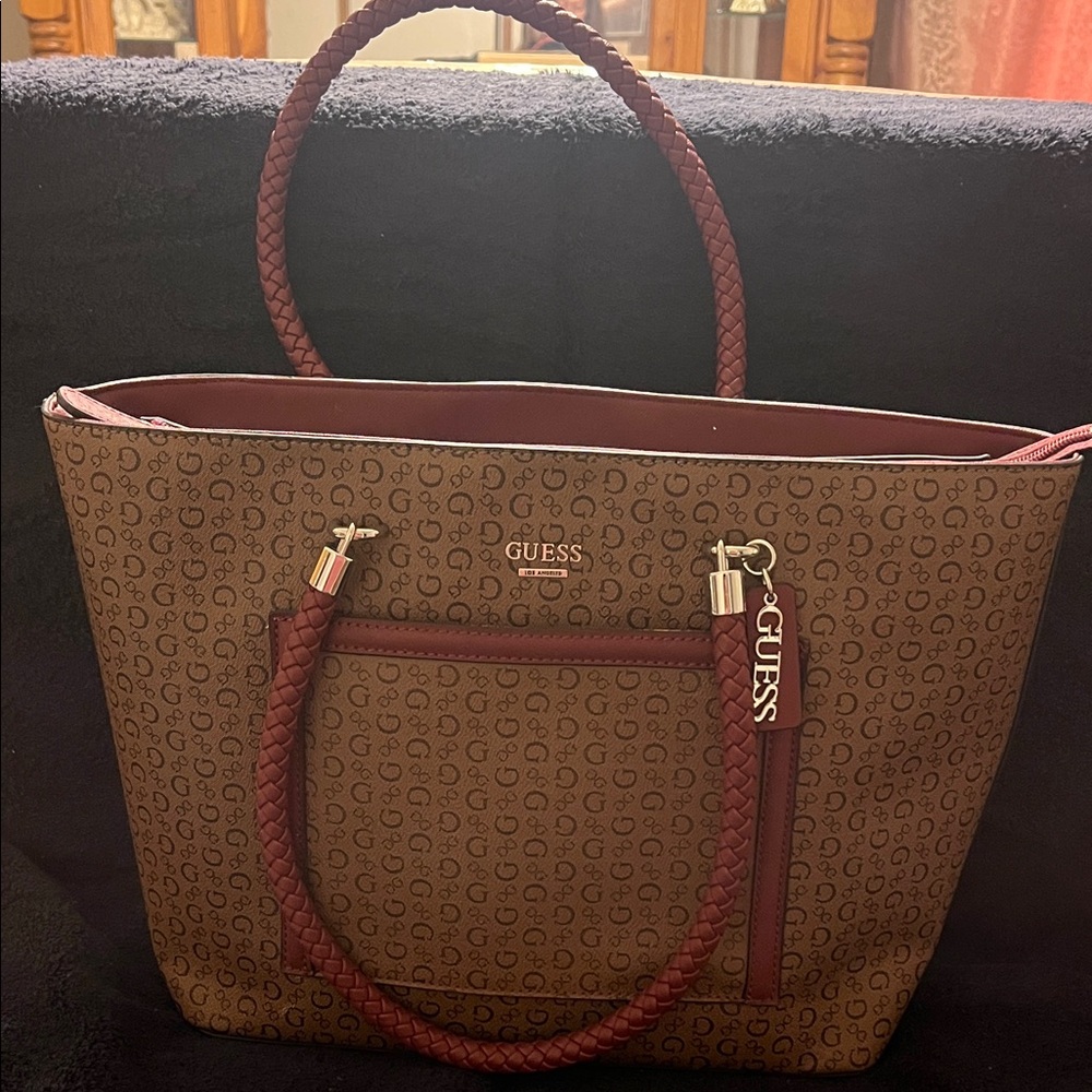 NWOT GUESS Brown Monogram Tote with Burgundy Trim